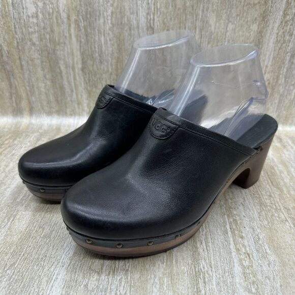 UGG Abbie Black Leather Slip On Heeled Mules Womens 7 Clogs Shoes Chunky Y2K - Picture 4 of 10